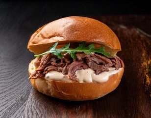 tender beef sandwich with creamy sauce on fresh bun close up