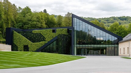 Modern building with green wall, glass facade, and sloping roof nestled in a landscape
