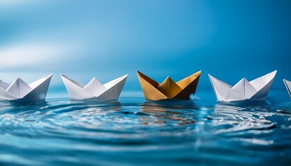 Obraz premium close up of a single paper boat turning sharply in water while others proceed straight symbolizing adaptability and change in business