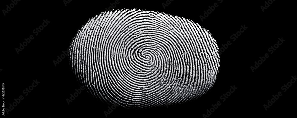 Poster a close-up, black and white image of a fingerprint on a dark background, highlighting unique ridge p