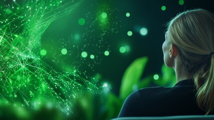 Woman Gazing into an Abstract Green Light Display Surrounded by Lush Greenery in a Serene Atmosphere