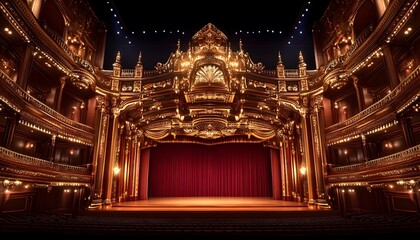 Obraz premium Opulent gold theater stage, rich red curtain, ornate proscenium