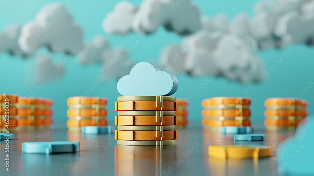 Poster stylized 3d illustration of cloud icons on stacked database units, with fluffy clouds in a blue sky.