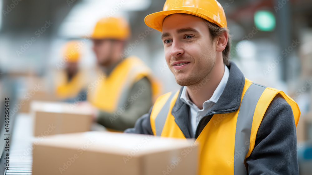 Poster efficient logistics terminal with young workers loading boxes