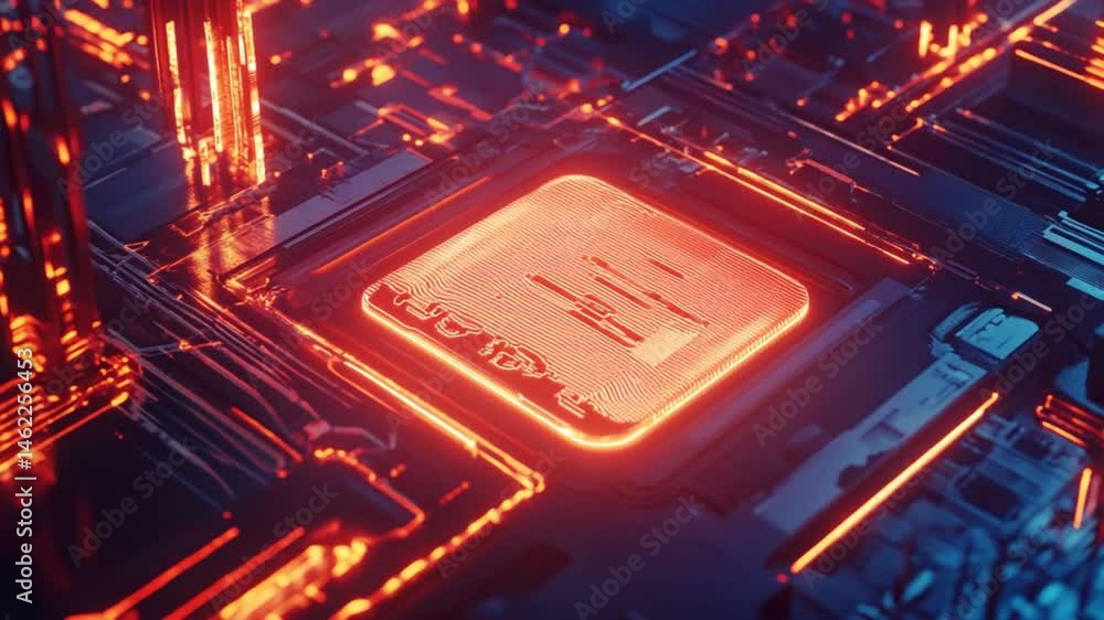 Poster detailed view of glowing cpu, highlighting modern computing and advanced technology