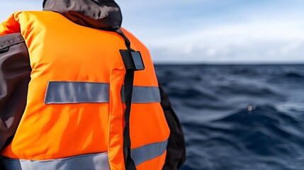 Person wearing bright orange safety vest at sea