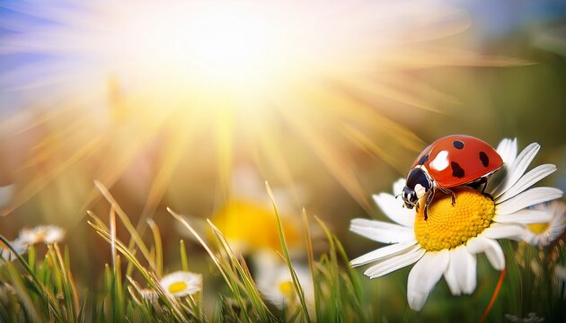 ladybug on a daisy in sunlight a springtime scene