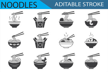 Noodle Bowl Icons Set with Various Toppings and Chopsticks for Restaurant Graphics