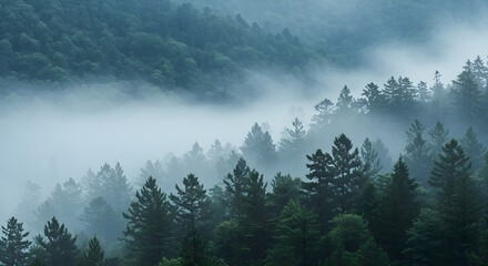Mountain forest shrouded in dense mist with layered treetops fading into the fog.