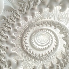 Macro view of an intricate, white, 3D fractal spiral tunnel with repeating organic or skeletal patterns. Abstract, detailed.
