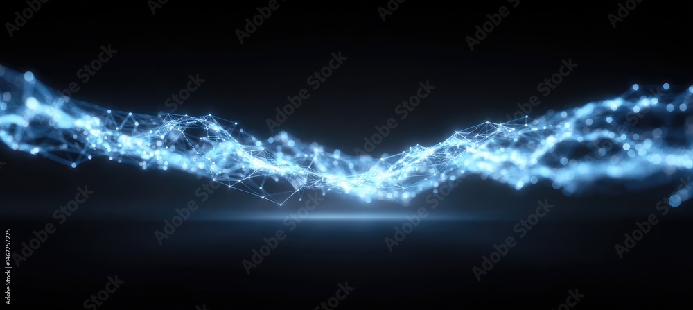 Poster abstract blue network structure with glowing nodes and lines in a dark futuristic background for tec