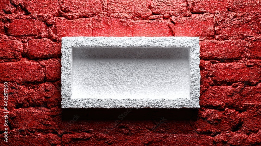Poster a white rectangular shelf is mounted on a textured red brick wall, creating a bold contrast between 