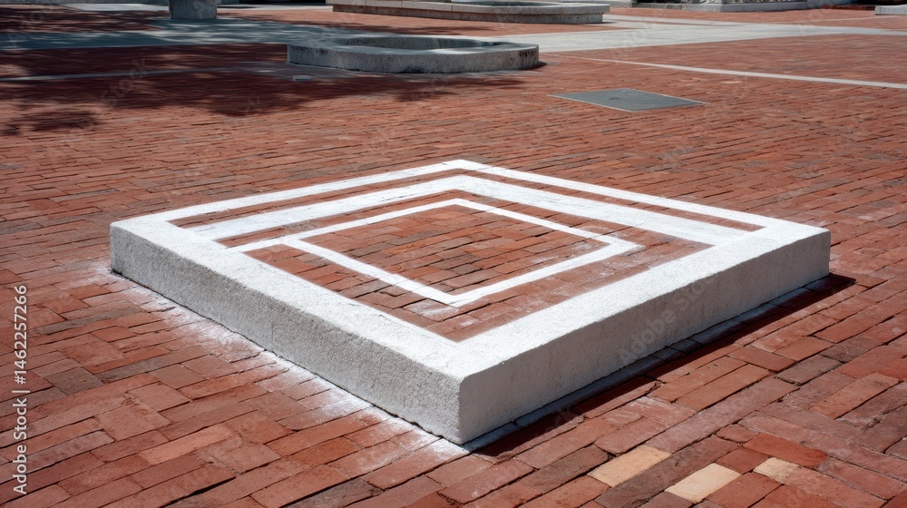 Poster a raised brick square with white-lined geometric patterns on a red brick courtyard in sunlight.
