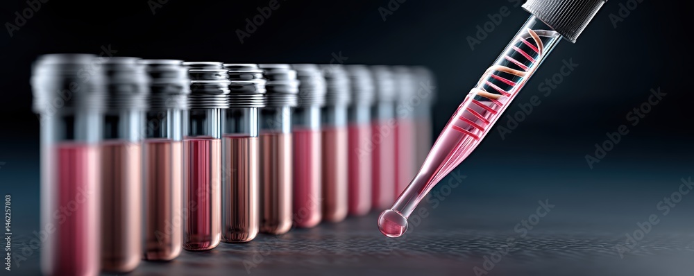 Poster a pipette dispensing liquid into test tubes filled with red fluid, representing a laboratory or scie