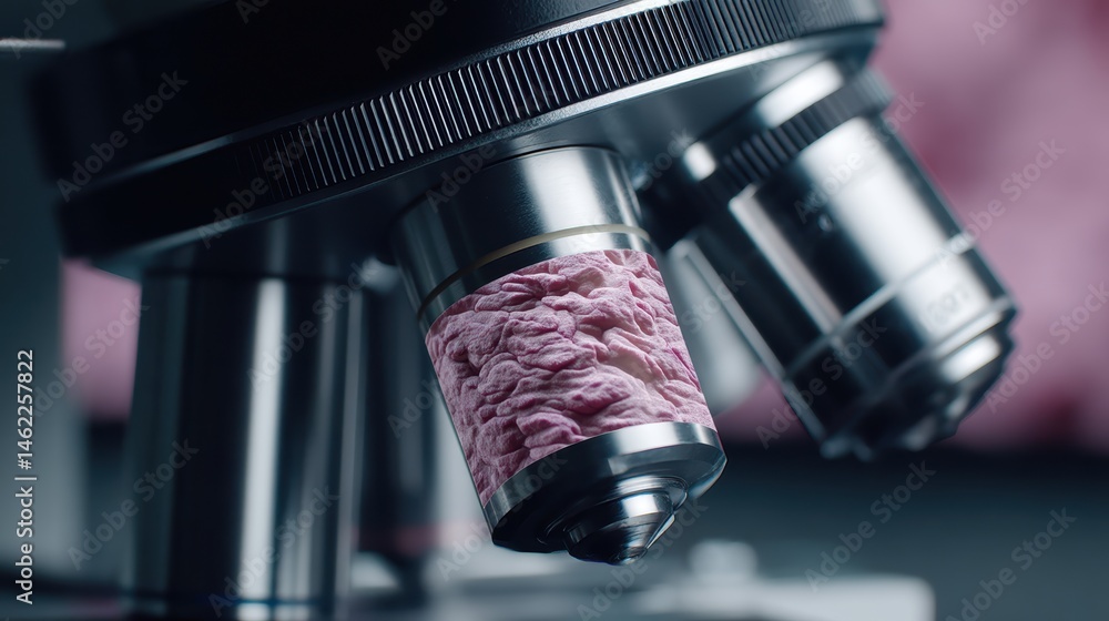 Aufkleber close-up of a microscope lens with a textured, pink biological sample visible on the objective.