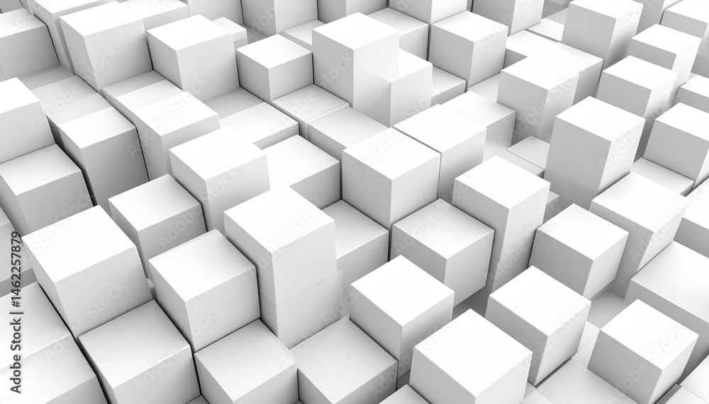Poster abstract composition of white cubes creating a three-dimensional geometric landscape with varying he
