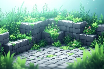 Overgrown garden path with stone walls