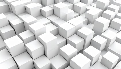 Abstract composition of white cubes creating a three-dimensional geometric landscape with varying heights and perspectives