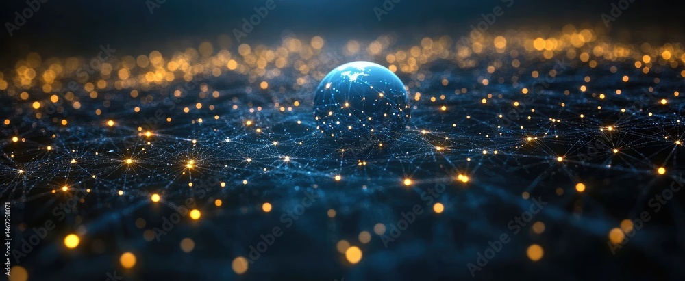 Poster abstract blue sphere surrounded by interconnected orange and white light points over a dark ethereal