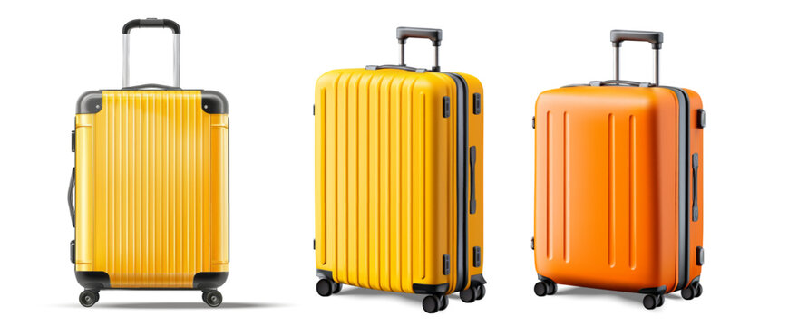 Vector illustration of three hard-shell rolling suitcases in vivid yellow and orange colors with telescopic handles, realistic travel luggage set isolated on white background.