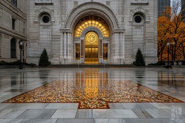 Obraz premium Golden Mosaic Arrow Reflecting on Wet Pavement Before Grand Stone Building Entrance