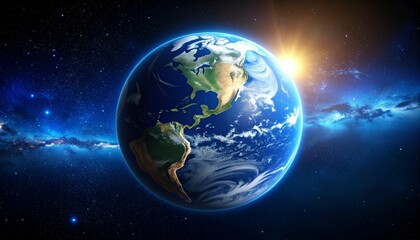 A stunning view of Earth from space, showcasing its vibrant colors and the sun rising in the background against a starry sky