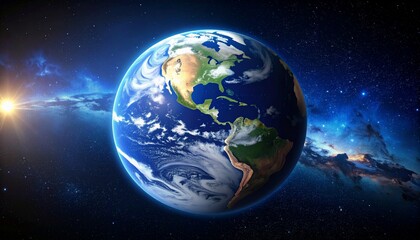 Fototapeta premium A stunning view of Earth from space, showcasing continents, oceans, and a backdrop of stars and galaxies