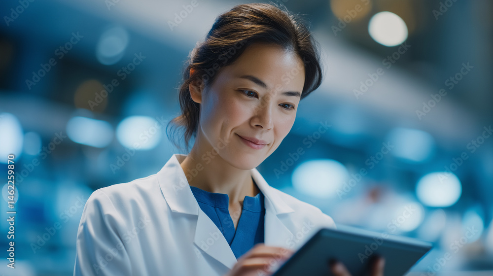 Poster female scientist working on quantum computer hardware in research lab