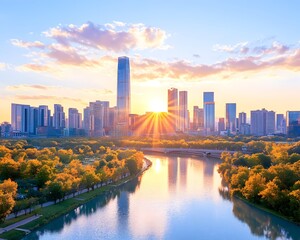 Obraz premium Sun rays burst over a cityscape at sunset, reflected in a calm river winding through autumnal parkland