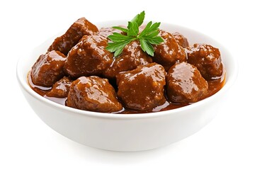 Tender beef cubes in rich, savory brown sauce, garnished with parsley, served in a white bowl