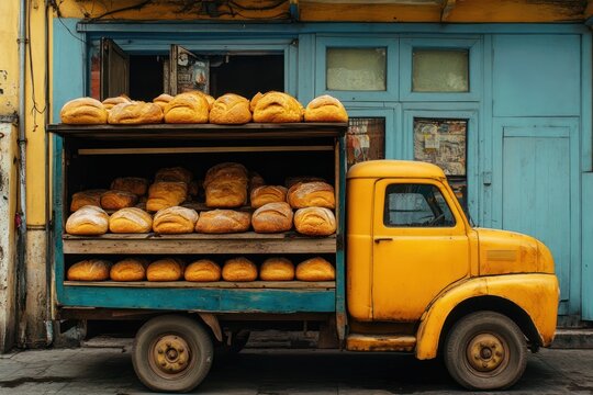 Yellow delivery truck filled with loaves of bread.
