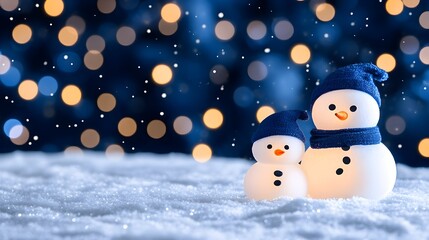 Two illuminated snowmen in blue hats and scarves stand on snow against a bokeh background of warm lights and falling snowflakes