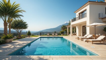  Luxury sunset over infinity pool in a summer beachfront hotel resort at tropical landscape. Tranquil beach holiday vacation background mood. Amazing island sunset beach view, palms swimming pool