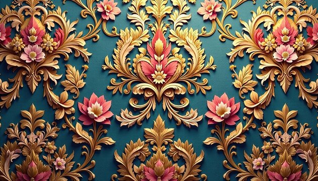 Fototapeta Intricate floral damask wallpaper, gold accents, decoration, embroidery, classic