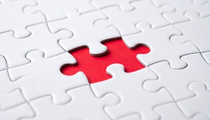 Fototapeta premium A white puzzle with a missing piece revealing a red background, symbolizing completeness and the quest for finding solutions