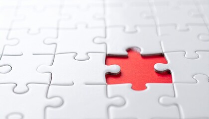 A close-up of a nearly completed jigsaw puzzle, featuring a single missing piece that reveals a vibrant red background