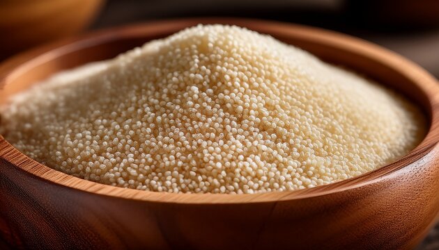extreme close up macro view of raw fonio grains in a wooden bowl showcasing texture and detail