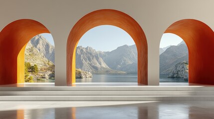 Serene Modern Archway View of Mountains and Lake Landscape
