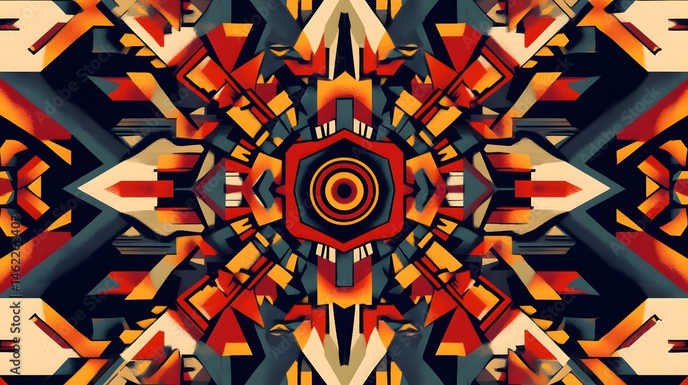 Poster abstract symmetrical pattern with vibrant colors and geometric shapes.