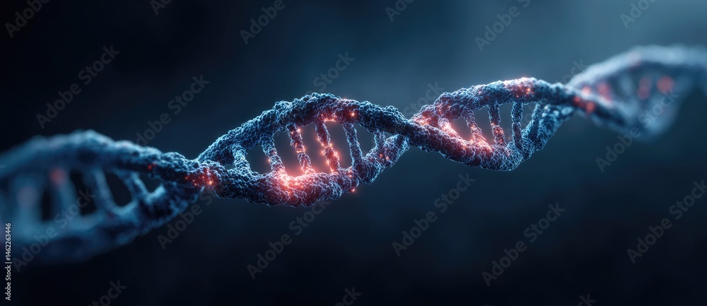 Poster abstract dna double helix with blue and red glowing elements on dark backdrop representing advanced 