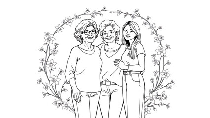 Left side line art of three generations of women (grandma, mom, daughter) with floral frame

