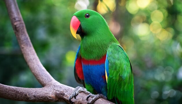 eclectus parrot eclectus roratus perched on a tree branch in a tropical rainforest this bird has bright green plumage with red and blue accents making it one of the most colorful parrots