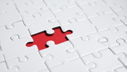 A nearly completed white puzzle with one missing piece, revealing a vibrant red piece underneath