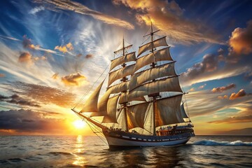 Obraz premium Majestic Old Wooden Sailing Ship on Calm Ocean - High-Resolution Stock Photo