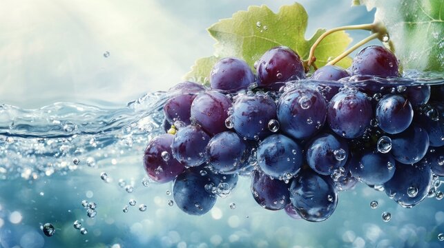 Fresh red grapes submerged in water with splashes