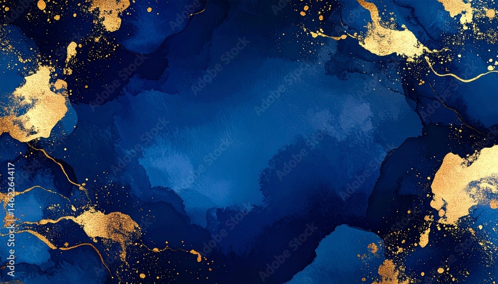 Poster A vibrant abstract design featuring deep blue tones with golden splashes, creating a luxurious and artistic visual experience