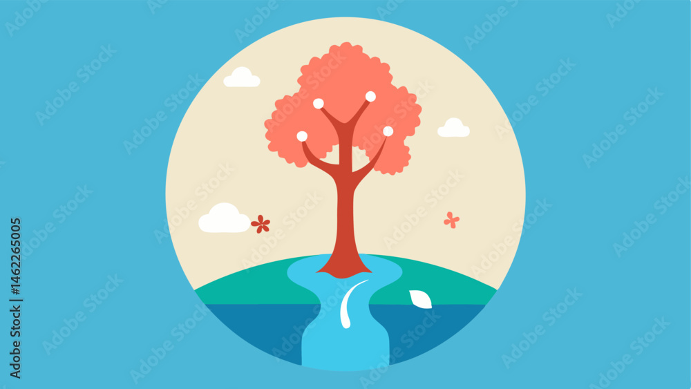 Poster nature rewind theme create a circular composition featuring a tree with falling blossoms. the blosso