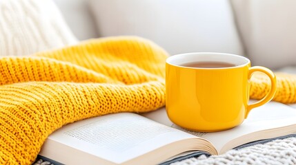 Cozy autumn scene with a yellow mug of tea resting on an open book draped with a yellow knit sweater
