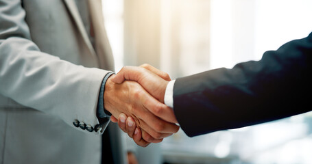 Handshake, deal and business men in office with partnership, contract or merger. Collaboration,...