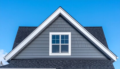 Obraz premium A modern house gable featuring a large window against a clear blue sky, showcasing sleek architectural design and clean lines